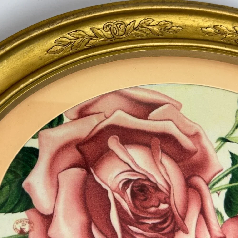 Vintage Oval Frame and Botanical Art Print Rose Pink Matted